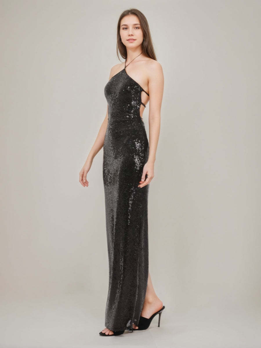 Backless Sequined Prom Dress with Halter Neckline Self-tie and Slit