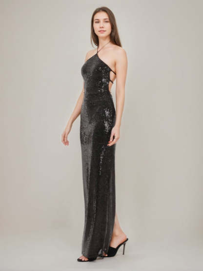 Backless Sequined Prom Dress with Halter Neckline Self-tie and Slit