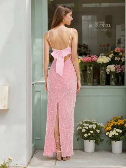 Sequined Prom Dresses with Spaghetti Straps Back Bow and Slit
