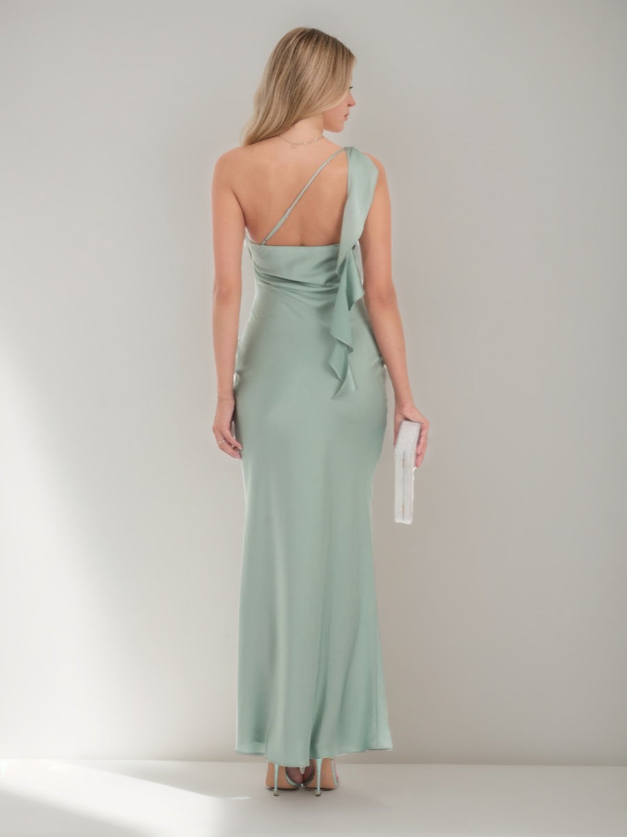 One-shoulder Ruched Prom Dress with Ruffles in Sheath/Column Ankle-Length Style
