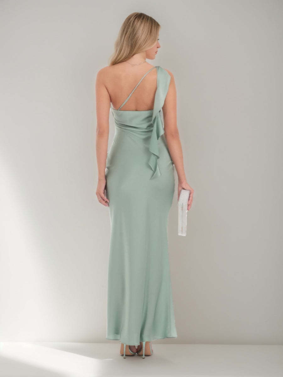 One-shoulder Ruched Prom Dress with Ruffles in Sheath/Column Ankle-Length Style