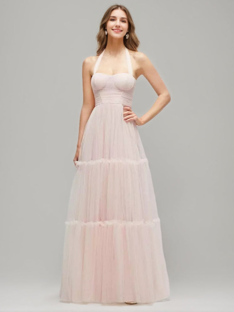 Princess A-line Halter Prom Dress with Ruched Detail Pleats and Self-tie Bow