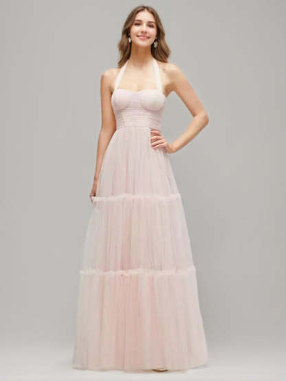 Princess A-line Halter Prom Dress with Ruched Detail Pleats and Self-tie Bow