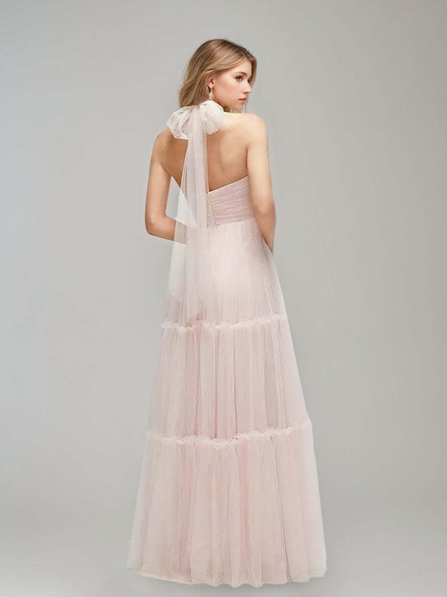 Princess A-line Halter Prom Dress with Ruched Detail Pleats and Self-tie Bow