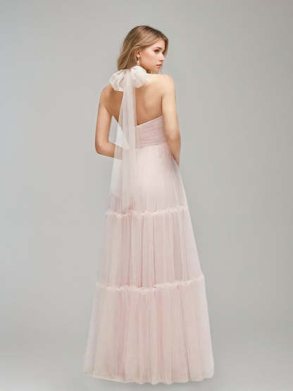 Princess A-line Halter Prom Dress with Ruched Detail Pleats and Self-tie Bow