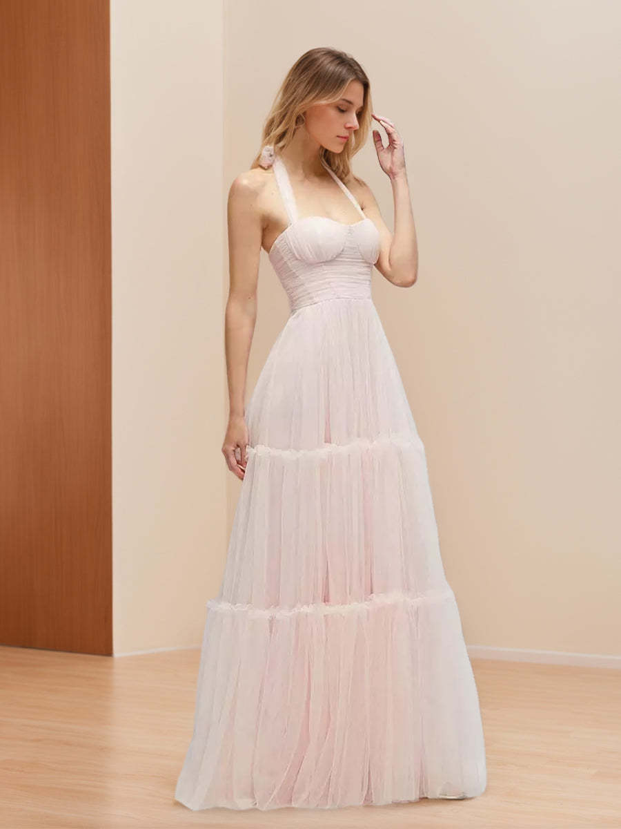 Princess A-line Halter Prom Dress with Ruched Detail Pleats and Self-tie Bow