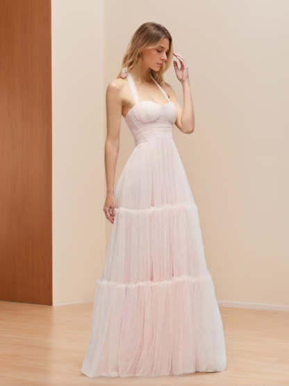 Princess A-line Halter Prom Dress with Ruched Detail Pleats and Self-tie Bow