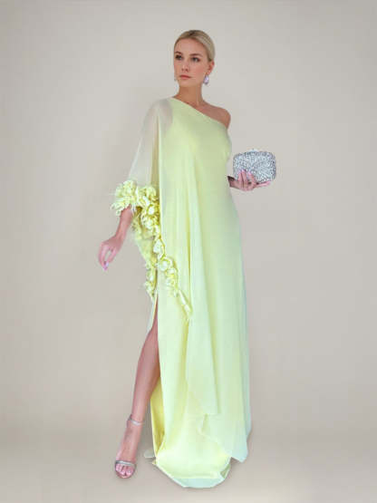 Asymmetrical One-Shoulder Prom Dress with 3D Flowers Feathers and Ruffles