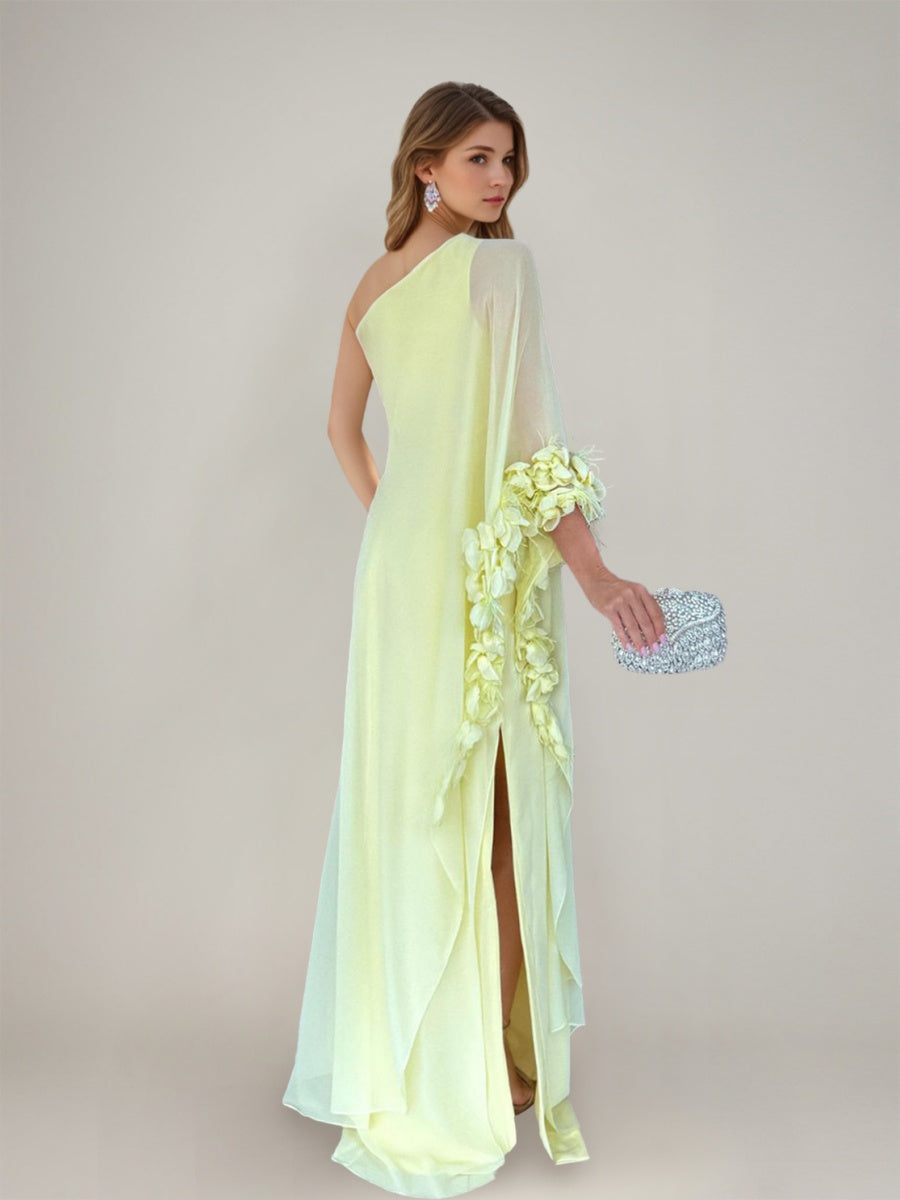 Asymmetrical One-Shoulder Prom Dress with 3D Flowers Feathers and Ruffles