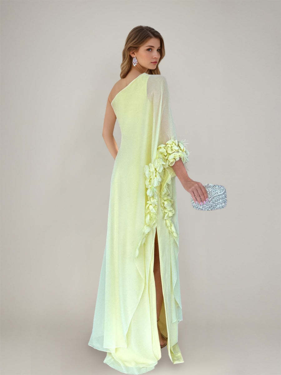 Asymmetrical One-Shoulder Prom Dress with 3D Flowers Feathers and Ruffles