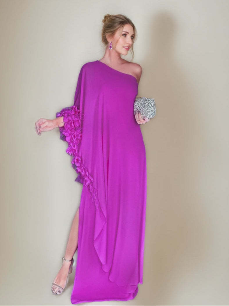 Asymmetrical One-Shoulder Prom Dress with 3D Flowers Feathers and Ruffles