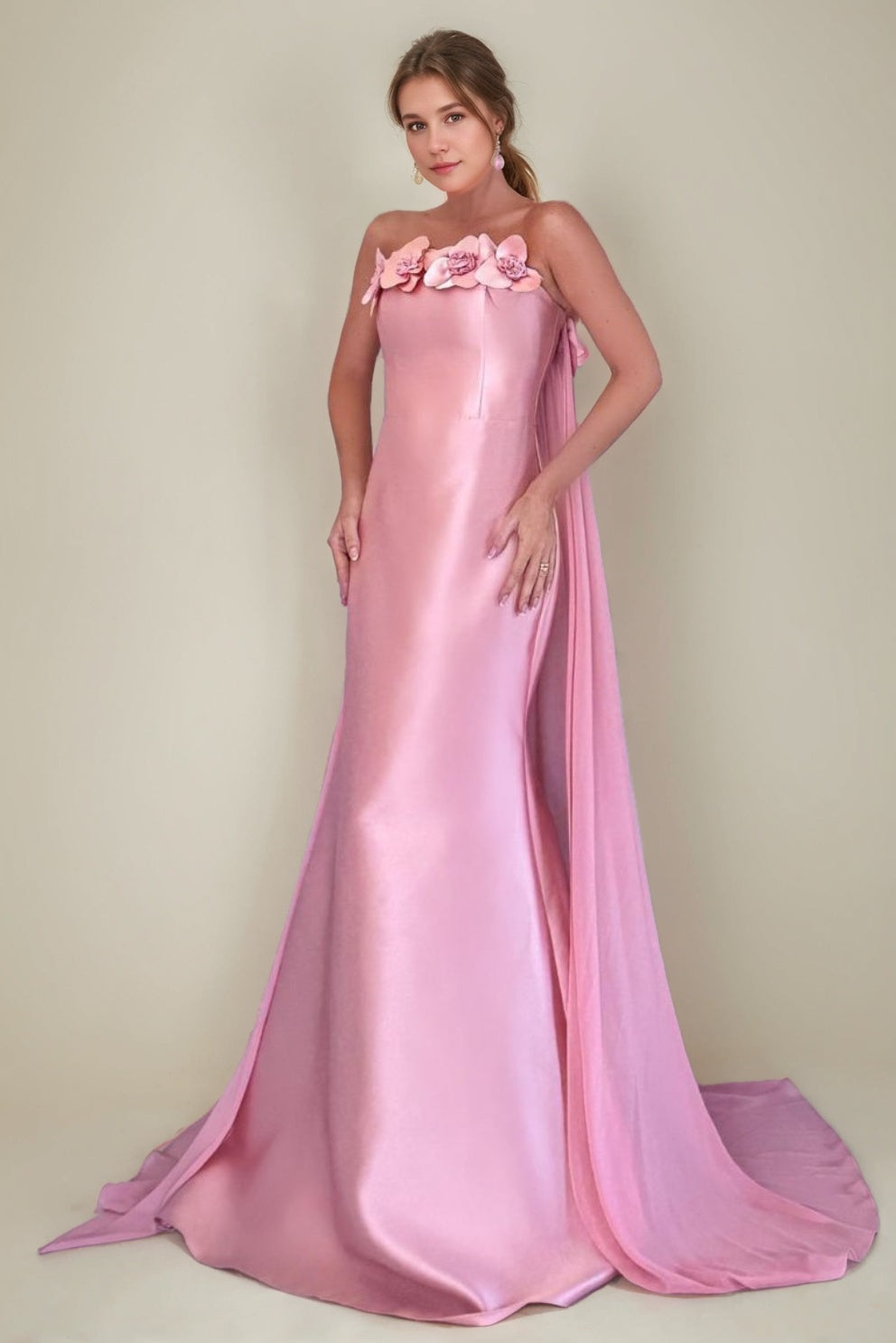Strapless Sleeveless Floor-Length Prom Dress with 3D Flowers Watteau Train and Ruffles in Trumpet/Mermaid Style-BMbridal.UK