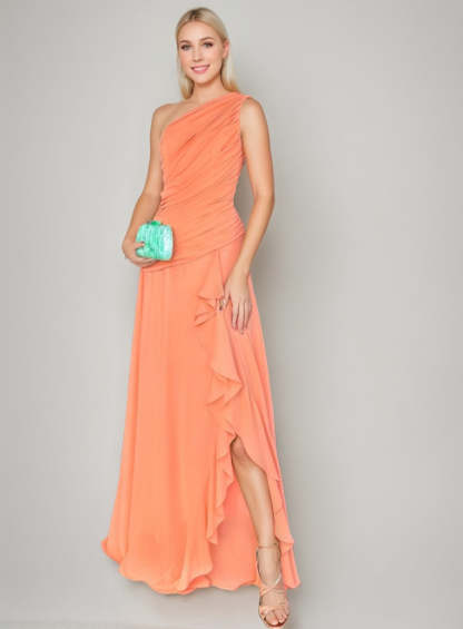 One-Shoulder A-Line Princess Prom Dress with Ruffles Slit and Ruched Sleeveless Design