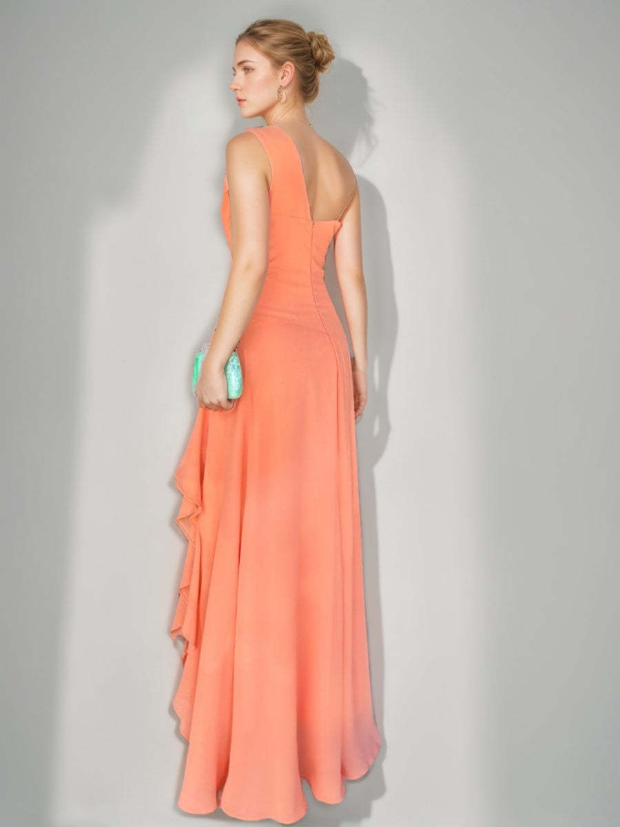 One-Shoulder A-Line Princess Prom Dress with Ruffles Slit and Ruched Sleeveless Design
