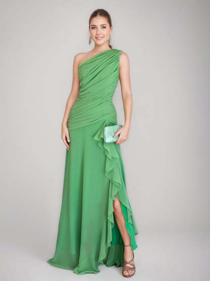 One-Shoulder A-Line Princess Prom Dress with Ruffles Slit and Ruched Sleeveless Design