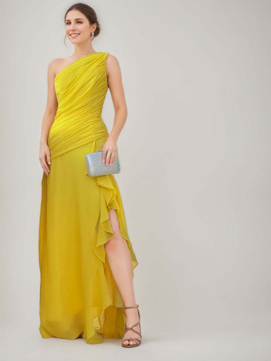 One-Shoulder A-Line Princess Prom Dress with Ruffles Slit and Ruched Sleeveless Design