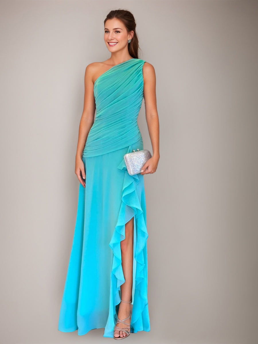 One-Shoulder A-Line Princess Prom Dress with Ruffles Slit and Ruched Sleeveless Design