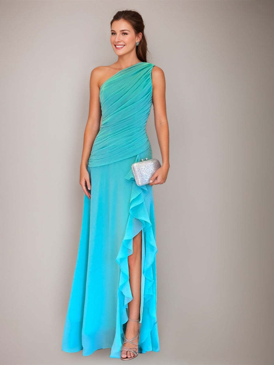 One-Shoulder A-Line Princess Prom Dress with Ruffles Slit and Ruched Sleeveless Design