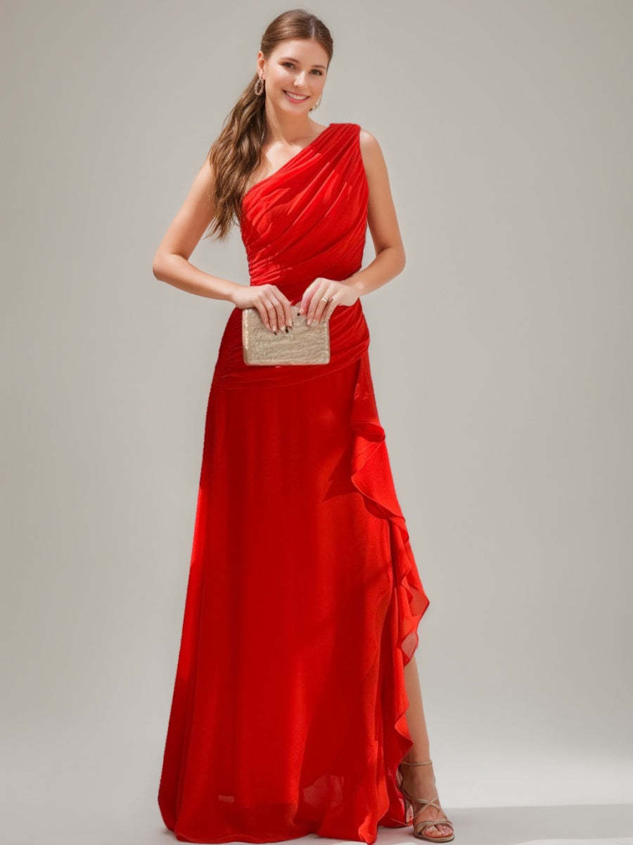 One-Shoulder A-Line Princess Prom Dress with Ruffles Slit and Ruched Sleeveless Design
