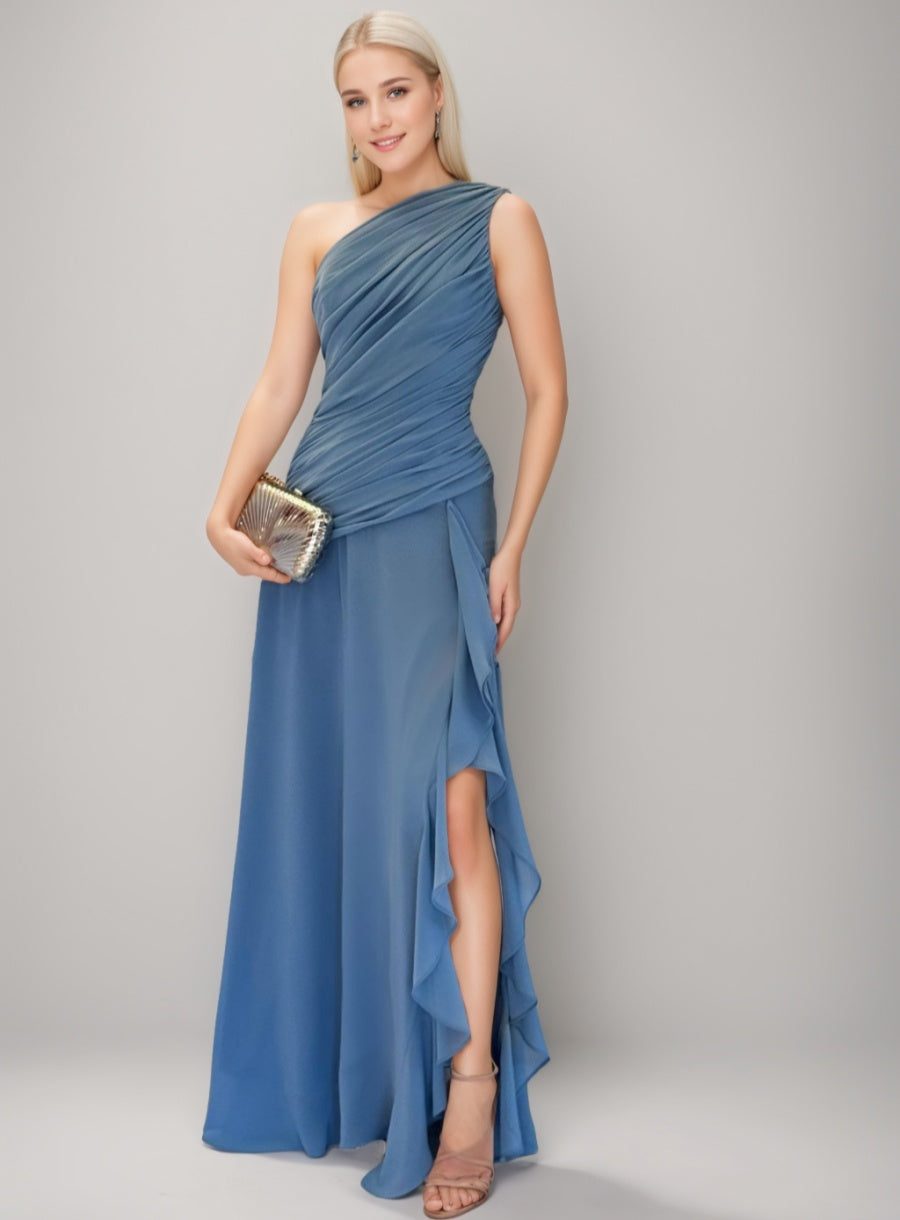 One-Shoulder A-Line Princess Prom Dress with Ruffles Slit and Ruched Sleeveless Design