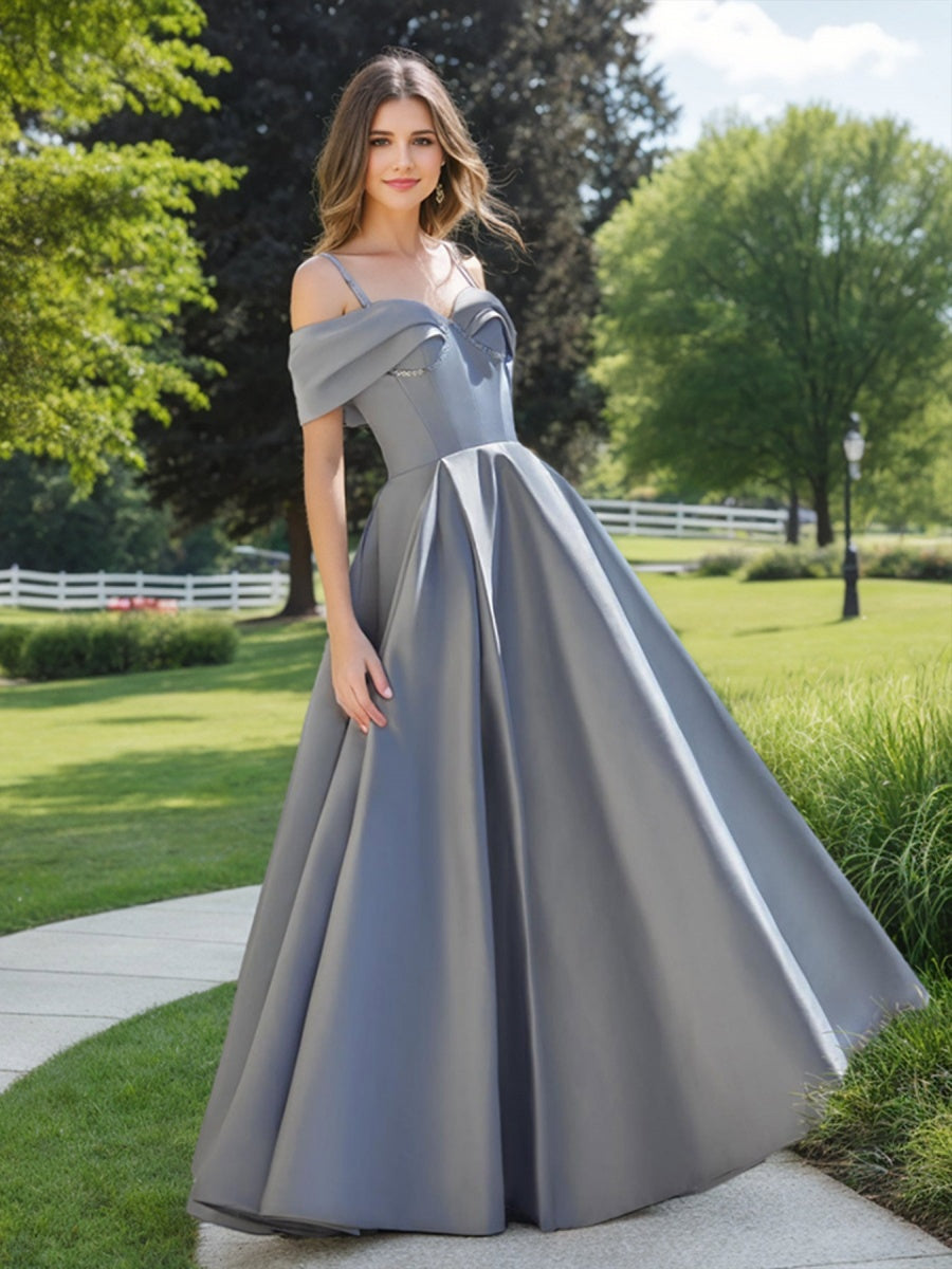 Off-the-shoulder Ball Gown with Ruched Pleats Sequins and Lace-up Detail in Floor-Length