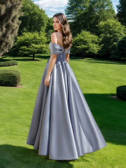 Off-the-shoulder Ball Gown with Ruched Pleats Sequins and Lace-up Detail in Floor-Length