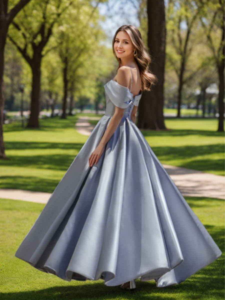 Off-the-shoulder Ball Gown with Ruched Pleats Sequins and Lace-up Detail in Floor-Length