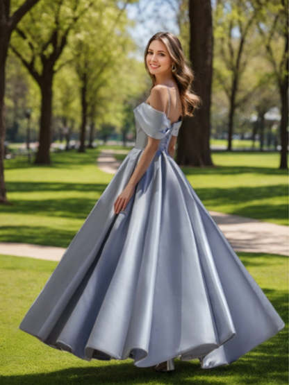 Off-the-shoulder Ball Gown with Ruched Pleats Sequins and Lace-up Detail in Floor-Length