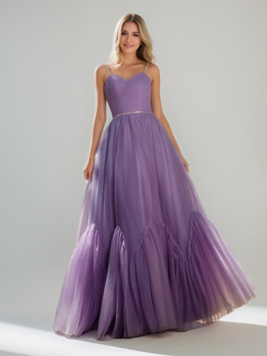 Sleeveless Spaghetti Strap Ball Gown with Pleats Sequins and Lace-up in Floor-Length Prom Dress