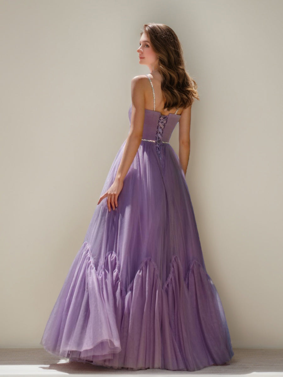 Sleeveless Spaghetti Strap Ball Gown with Pleats Sequins and Lace-up in Floor-Length Prom Dress