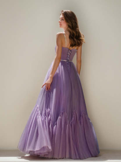Sleeveless Spaghetti Strap Ball Gown with Pleats Sequins and Lace-up in Floor-Length Prom Dress