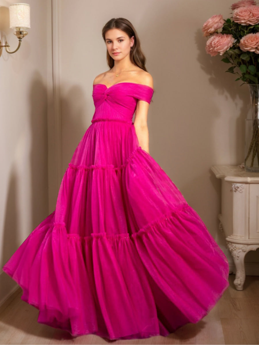 Off-the-shoulder Ball Gown with Ruched Details and Pleats in Floor-Length Prom Dress