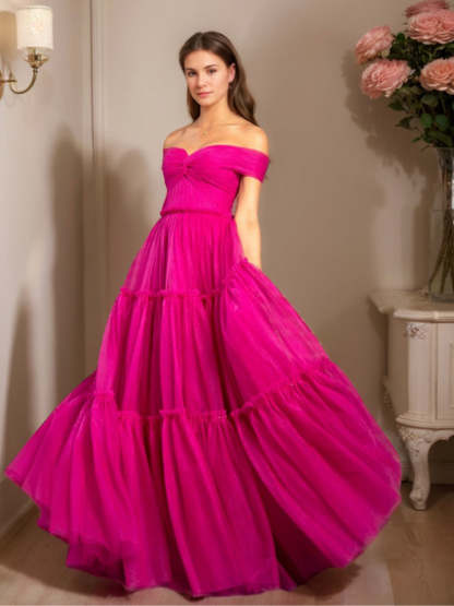 Off-the-shoulder Ball Gown with Ruched Details and Pleats in Floor-Length Prom Dress