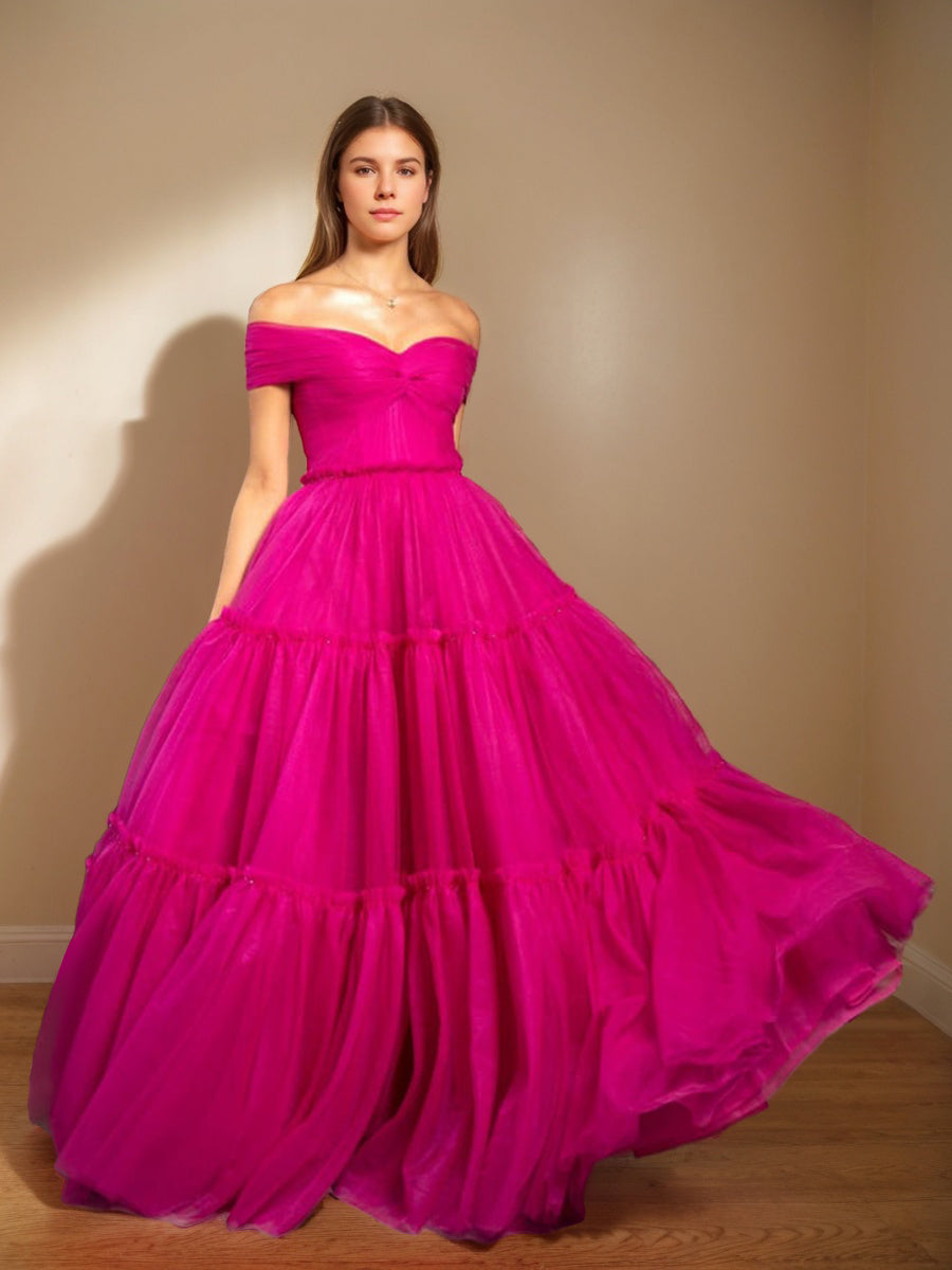 Off-the-shoulder Ball Gown with Ruched Details and Pleats in Floor-Length Prom Dress