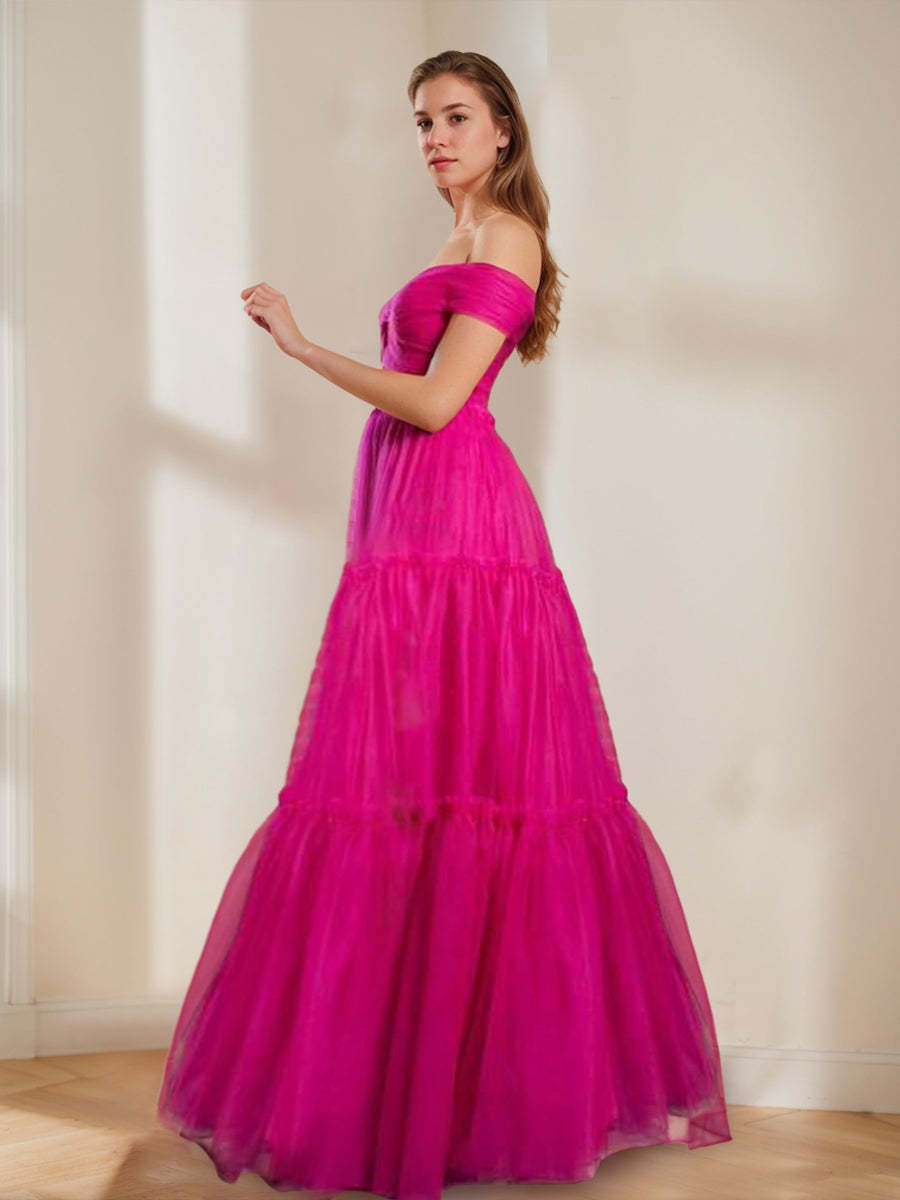 Off-the-shoulder Ball Gown with Ruched Details and Pleats in Floor-Length Prom Dress