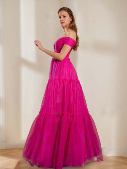 Off-the-shoulder Ball Gown with Ruched Details and Pleats in Floor-Length Prom Dress