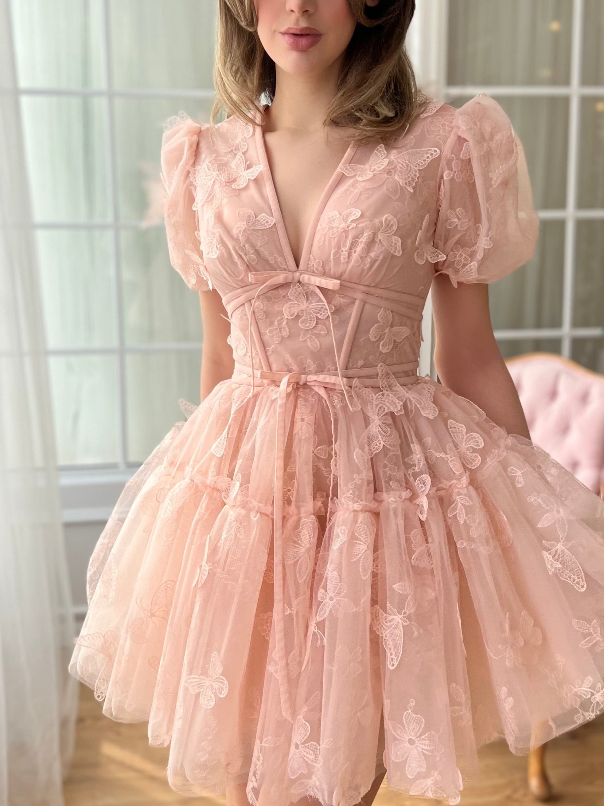 V-Neck A-Line Mini Prom Dress with Short Sleeves and Floral Detail