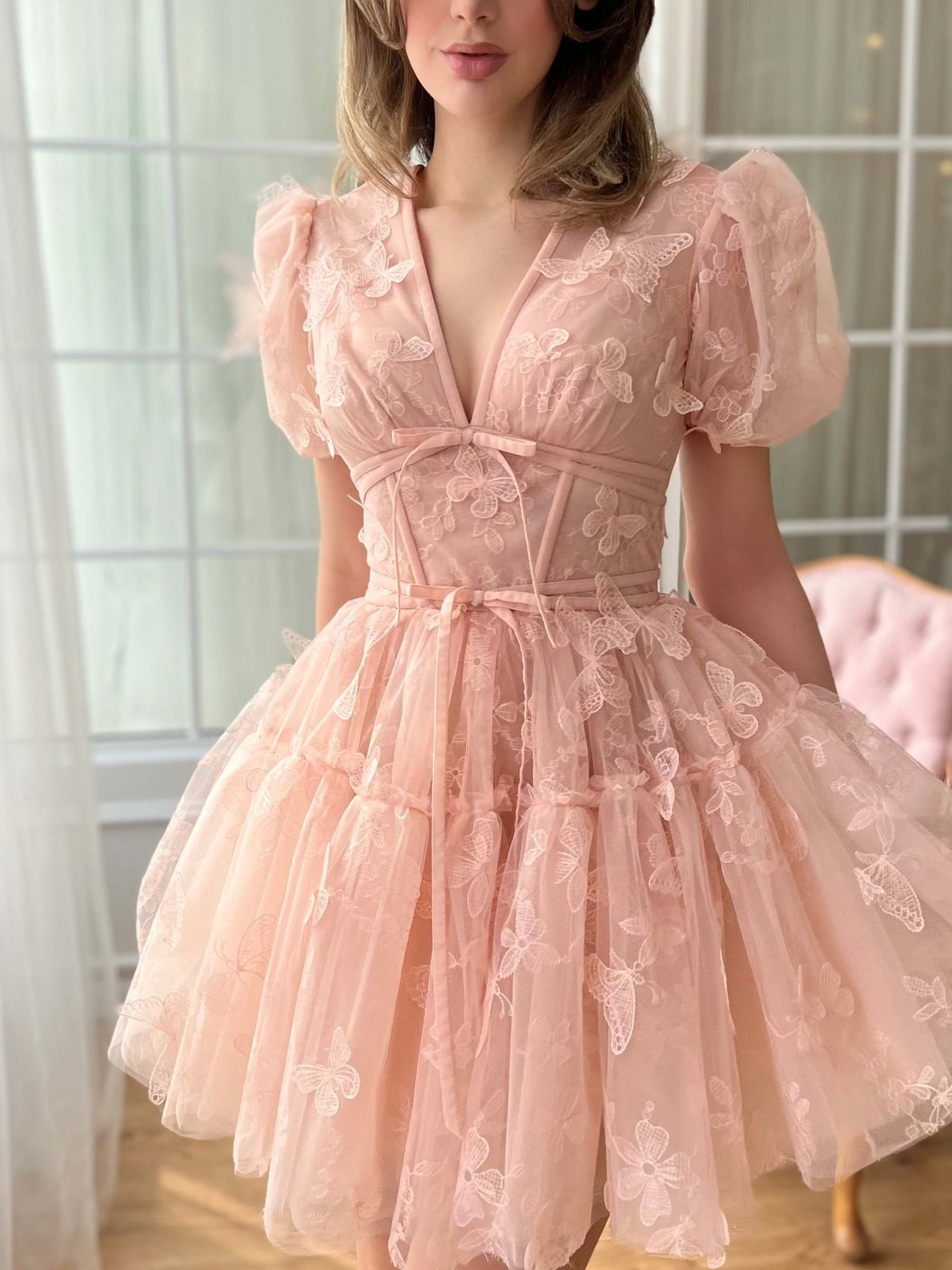 V-Neck A-Line Mini Prom Dress with Short Sleeves and Floral Detail