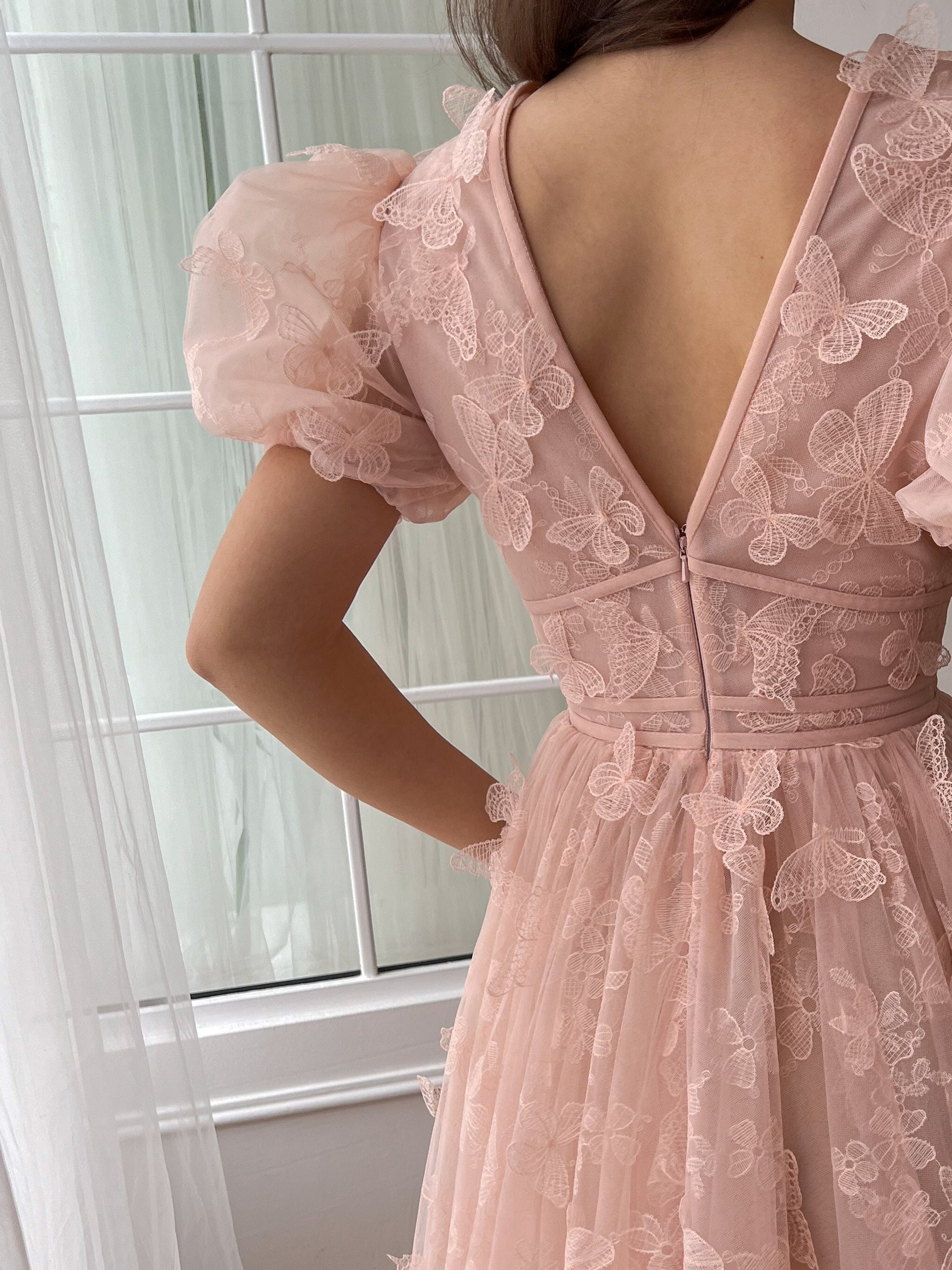 V-Neck A-Line Mini Prom Dress with Short Sleeves and Floral Detail