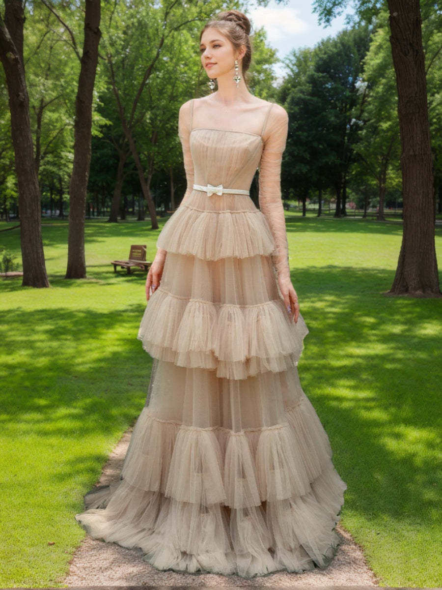 Princess A-line Prom Dress with Square Neck Long Sleeves Tiered Skirt Bow Sash & Pleats