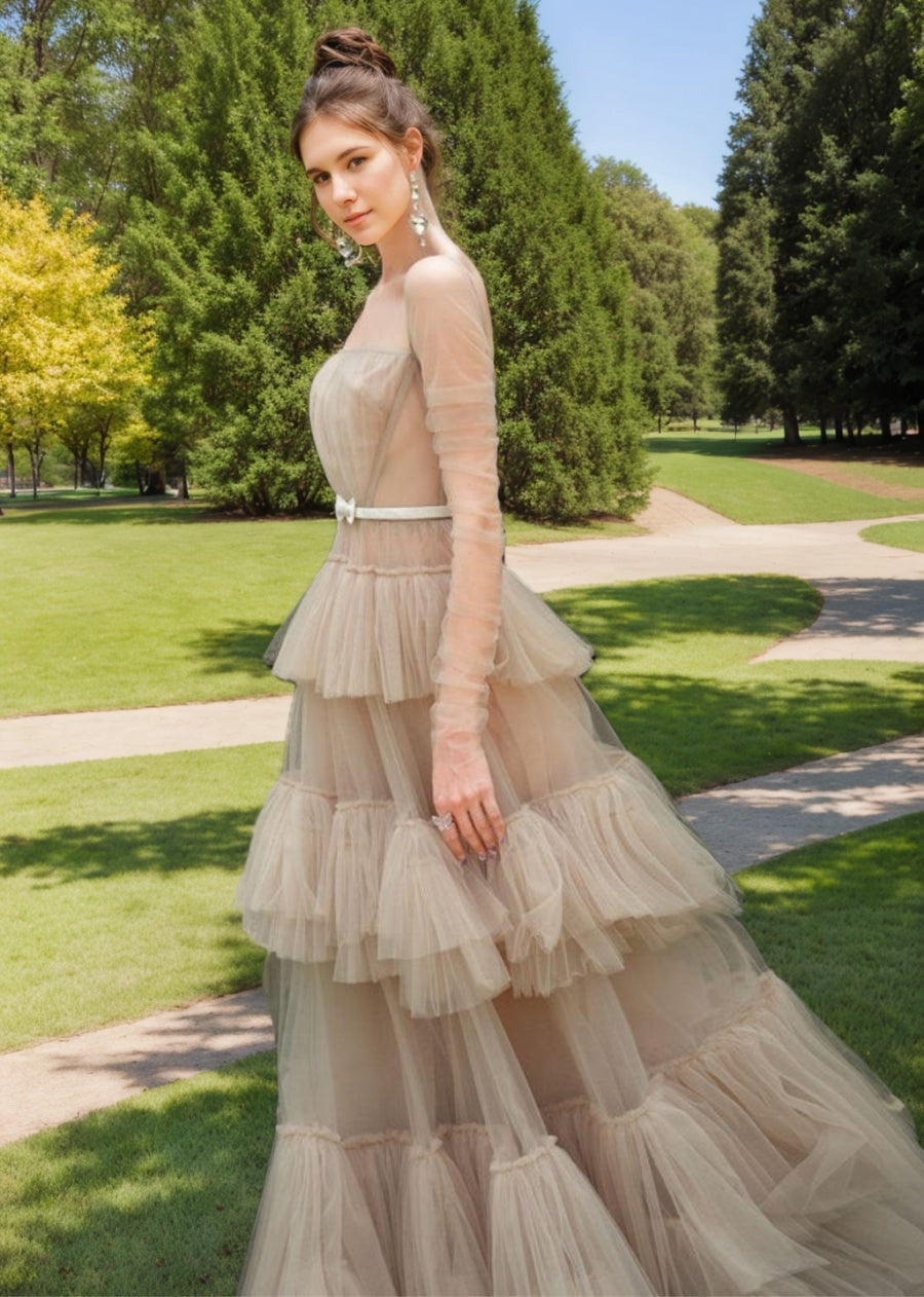 Princess A-line Prom Dress with Square Neck Long Sleeves Tiered Skirt Bow Sash & Pleats