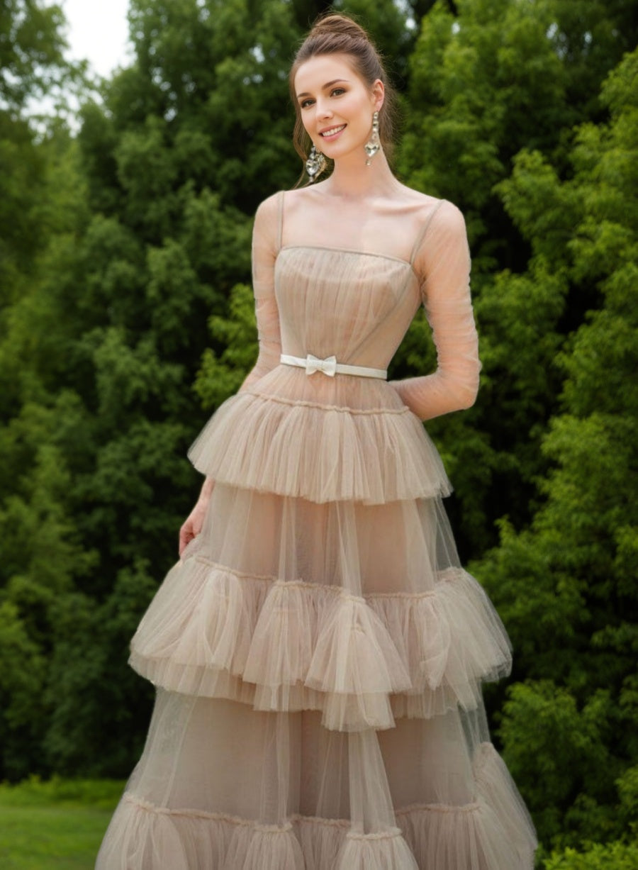 Princess A-line Prom Dress with Square Neck Long Sleeves Tiered Skirt Bow Sash & Pleats