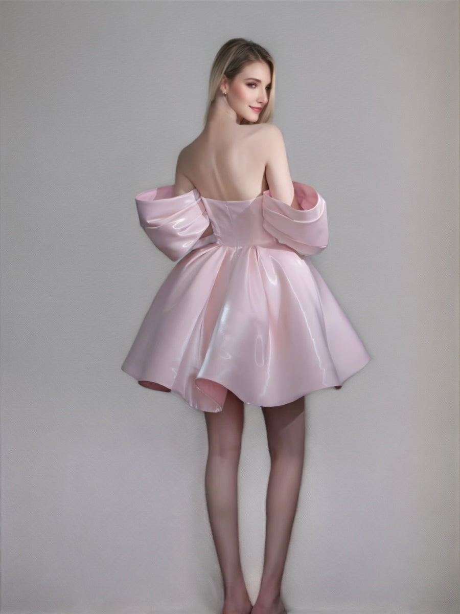 Pretty Off-the-shoulder A-line Princess Cocktail Dress with Short Sleeves and Ruched Detail