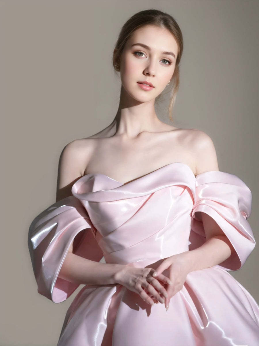 Pretty Off-the-shoulder A-line Princess Cocktail Dress with Short Sleeves and Ruched Detail