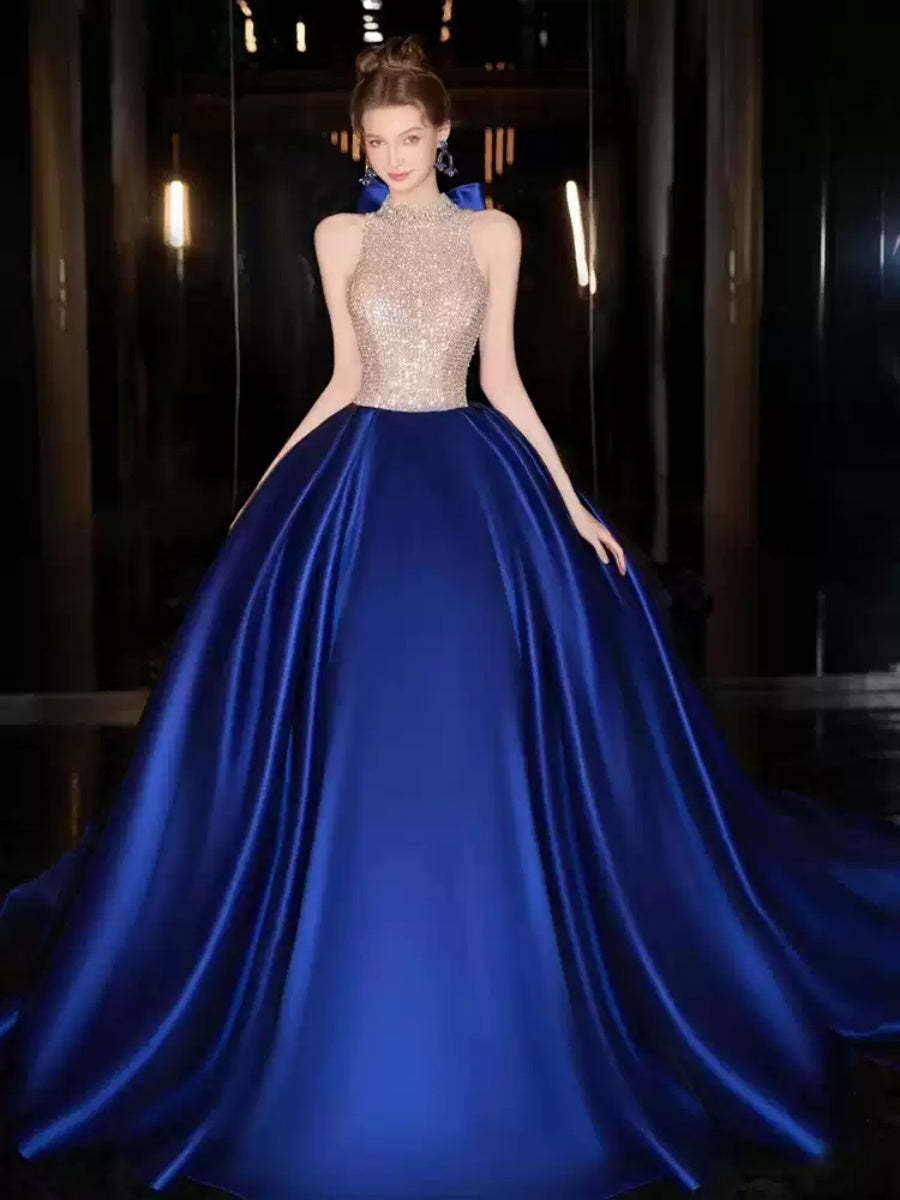 High Neck Sleeveless Ball Gown with Bow Tulle and Crystals for Prom