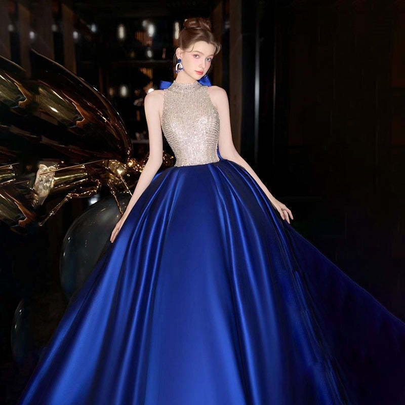High Neck Sleeveless Ball Gown with Bow Tulle and Crystals for Prom