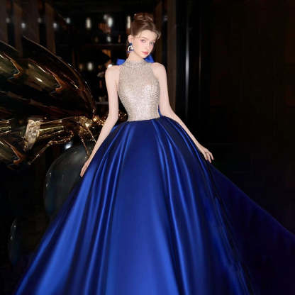 High Neck Sleeveless Ball Gown with Bow Tulle and Crystals for Prom