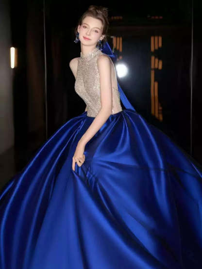 High Neck Sleeveless Ball Gown with Bow Tulle and Crystals for Prom