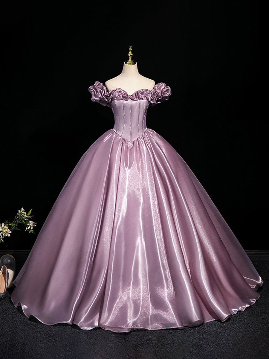 Off-the-shoulder Ball Gown with Ruffled Sleeves Floor-Length Pleated Prom Dress Featuring Pearls & Lace-up-BMbridal.UK