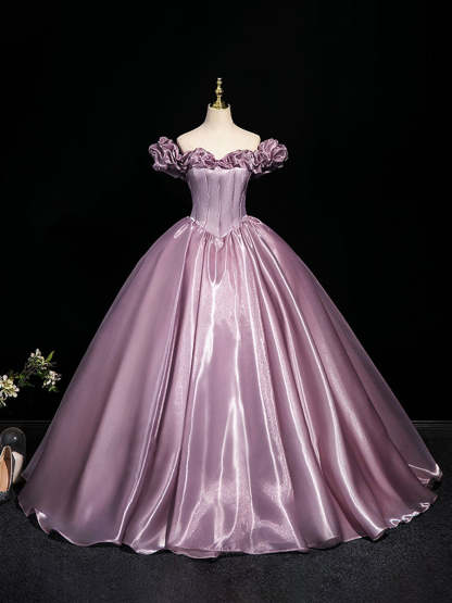 Off-the-shoulder Ball Gown with Ruffled Sleeves Floor-Length Pleated Design Pearls & Lace-up